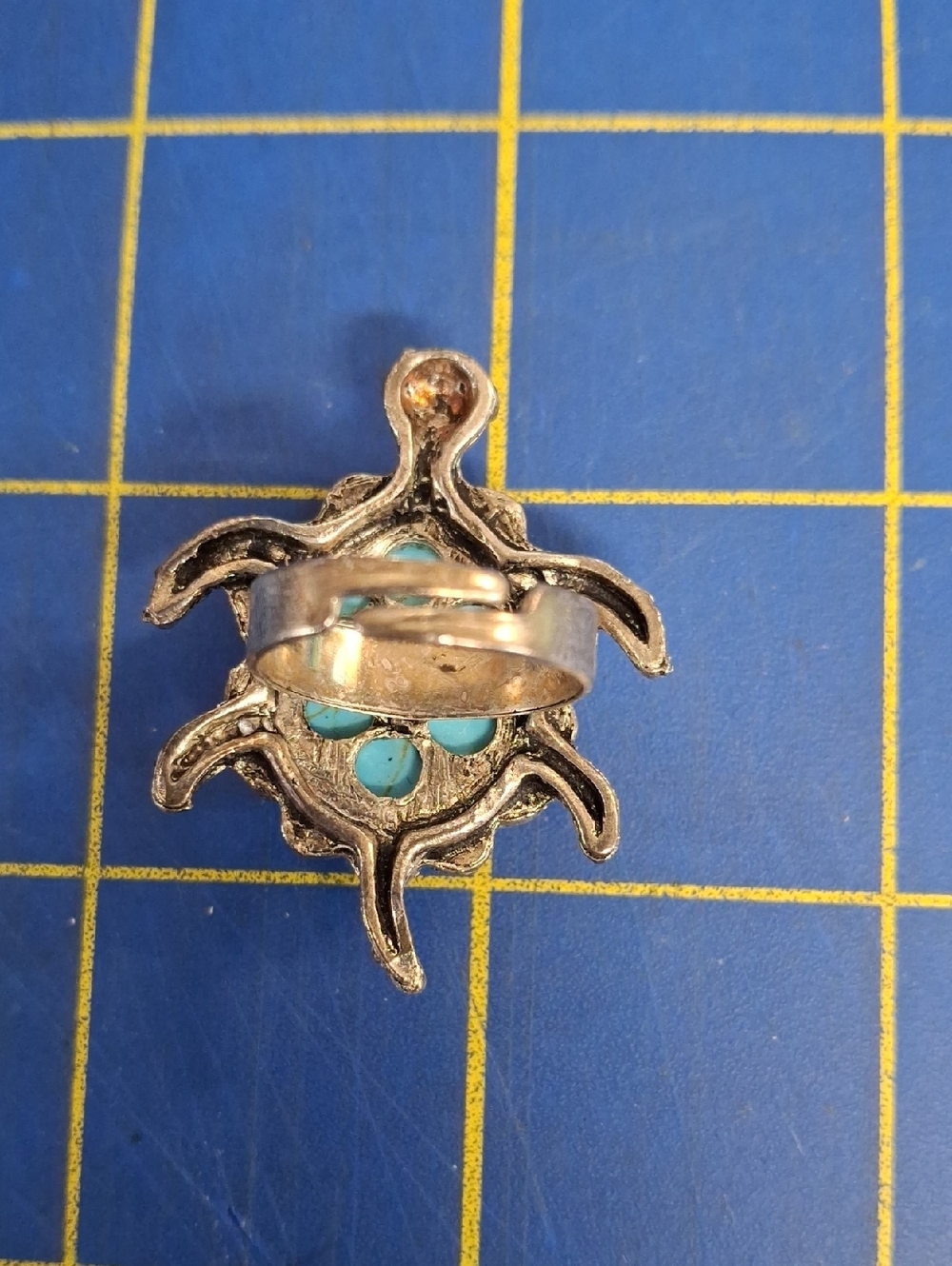 Turtle Rhinestone Silver Tone Adj Turquoise Ring - Picture 2 of 5